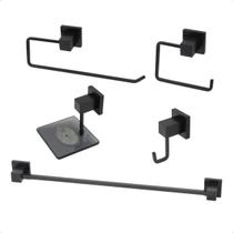Kit 5 Acessórios Banheiro Luxo Alumínio Quadrit Vidro Fume.