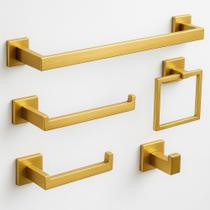 Kit 5 Acessórios Banheiro Luxo Dourado Cabide Toalheiros Papeleira Inox 304 Escovado
