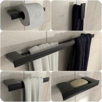 Kit 5 Acessórios Para Banheiro Preto Master Toalheiro Duplo Kit 5 Acessórios Para Banheiro Preto Master Toalheiro Duplo