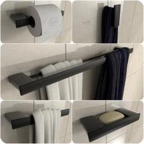 Kit 5 Acessórios Para Banheiro Preto Master Toalheiro Duplo Kit 5 Acessórios Para Banheiro Preto Master Toalheiro Duplo