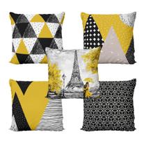 Kit 5 Almofadas Amarelas e Preto Geométricas Paris Para Sofá Personalizadas 40x40 Decoração Novadecora