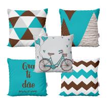 Kit 5 Almofadas Decoração Azul Turquesa e Marrom Geométricas Gratidão Para Sofá Sala de Estar Cama 40x40 Novadecora