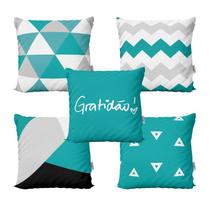 Kit 5 Almofadas Decorativas Azul Turquesa Gratidão Para Sofá 40x40 - Novadecora