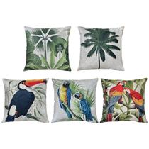 Kit 5 Almofadas Linho Bege Aves Tucano Arara Natureza 45x45 Kit 5 Almofadas Linho Bege Aves Tucano Arara Natureza 45x45
