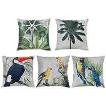 Kit 5 Almofadas Linho Bege Aves Tucano Arara Natureza 45x45