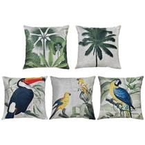 Kit 5 Almofadas Linho Bege Aves Tucano Arara Natureza 45x45 Kit 5 Almofadas Linho Bege Aves Tucano Arara Natureza 45x45