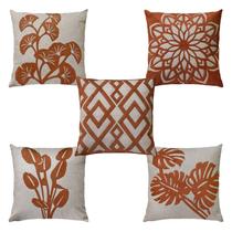 Kit 5 Almofadas Linho Bouclé Terracota Listras Flores 50x50 Kit 5 Almofadas Linho Bouclé Terracota Listras Flores 50x50