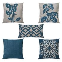 Kit 5 Almofadas Linho Bouclé Tulipas Flores Azul Cru 50x50 Kit 5 Almofadas Linho Bouclé Tulipas Flores Azul Cru 50x50