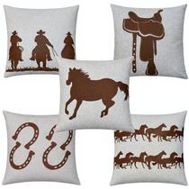 Kit 5 Almofadas Tecido Linho Couro Sela Cavalo Country 50x50 Kit 5 Almofadas Tecido Linho Couro Sela Cavalo Country 50x50
