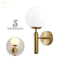 Kit 5 Arandela Dourada Globo Vidro Branco E27 Sala Lavabo