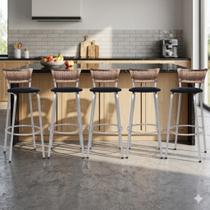 Kit 5 Banco Banqueta Estrutura Prata Bar Bistrô Balcão Cozinha Lanchonete Encosto Junco Cappuccino 70cm Itagold