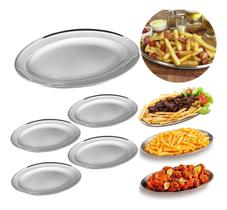 Kit 5 Bandejas Travessas Oval Rasa Grande Inox Porções 39cm