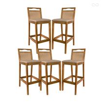 Kit 5 Banqueta Alta de Madeira Estofada Valência Rattan Amêndoa Linho Bege CCS Kit 5 Banqueta Alta de Madeira Estofada Valência Rattan Amêndoa Linho Bege CCS