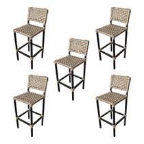 Kit 5 Banquetas Alta com Encosto Bistrô Corda Naútica Base Aluminio França - Champanhe