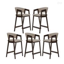 Kit 5 Banquetas Alta com Encosto Ravena Madeira Maciça Maciça Capuccino Suede Bege CCS