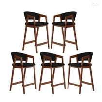 Kit 5 Banquetas Alta com Encosto Ravena Madeira Maciça Maciça Pinhão Suede Preto CCS