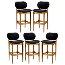 Kit 5 Banquetas Alta em Madeira Decor Estofada Suede Preto L14 RMI
