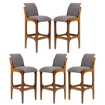 Kit 5 Banquetas Alta em Madeira Irlanda Estofada Linho Cinza L55 RMI Kit 5 Banquetas Alta em Madeira Irlanda Estofada Linho Cinza L55 RMI