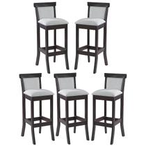 Kit 5 Banquetas Alta em Madeira Mônaco Estofada Linho Bege Cru L71 RMI