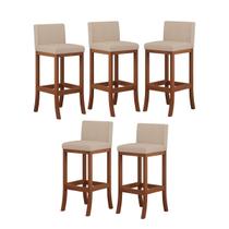 Kit 5 Banquetas Alta Encosto Estofado 38x100 Cm Ilha Espanha Madeira Maciça Castanho Suede Bege CCS