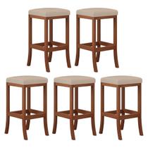 Kit 5 Banquetas Alta Estofada Barcelona 38x74Cm Bancada Bar Madeira Maciça Castanho Suede Bege - CCS