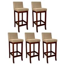 Kit 5 Banquetas Alta Estofada em Madeira Maciça Castanho Melody Suede Bege