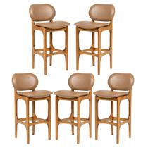 Kit 5 Banquetas Alta Estofada Rafine Madeira Castanho Tecido Impermeável Marrom Kit 5 Banquetas Alta Estofada Rafine Madeira Castanho Tecido Impermeável Marrom