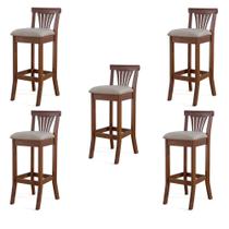 Kit 5 Banquetas Alta Madeira Maciça Pontes Linho Off White/Imbuia G42 - Gran Belo Kit 5 Banquetas Alta Madeira Maciça Pontes Linho Off White/Imbuia G42 - Gran Belo