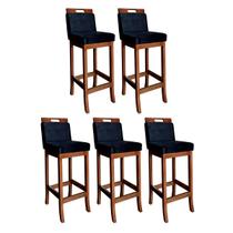 Kit 5 Banquetas Alta Milão para Ilha de Cozinha Madeira Pinhão Suede Preto CCS