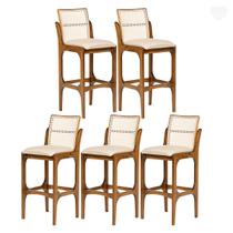Kit 5 Banquetas Alta para Balcão Lisboa Encosto Rattan Madeira Imbuia Linho Bege M58 RMI Kit 5 Banquetas Alta para Balcão Lisboa Encosto Rattan Madeira Imbuia Linho Bege M58 RMI