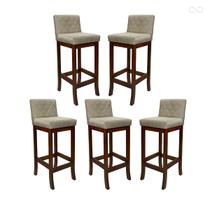 Kit 5 Banquetas Alta para Balcão Tóquio em Madeira Maciça Matelassê Suede Bege CCS