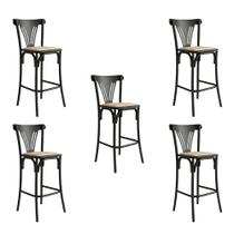Kit 5 Banquetas Altas Paris em Aço Preto para Cozinha e Bancada Gourmet com Assento Corano - Bege