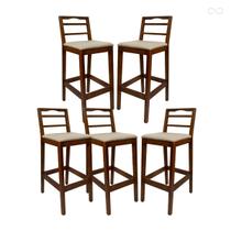 Kit 5 Banquetas de Madeira para Bancada Alta Grécia Castanho Linho Bege CCS Kit 5 Banquetas de Madeira para Bancada Alta Grécia Castanho Linho Bege CCS