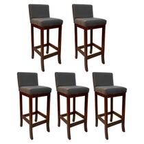 Kit 5 Banquetas Média de Madeira para Bancada Castanho Melody Suede Cinza