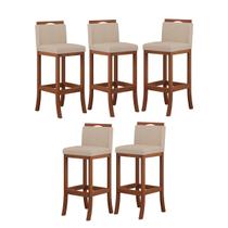 Kit 5 Banquetas Média Encosto Estofado 38x92 Cm Turim Madeira Maciça Pinhão Suede Bege CCS Kit 5 Banquetas Média Encosto Estofado 38x92 Cm Turim Madeira Maciça Pinhão Suede Bege CCS