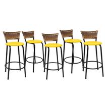 Kit 5 Banquetas Para Balcão 60cm Preta Junco Cappuccino Balcão Bistrô Bar Cozinha Americana Área de Lazer Churrasqueira