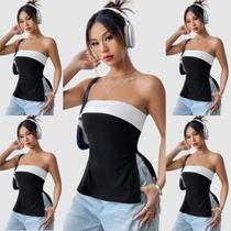 Kit 5 Blusa Blusinha Feminina sem alça Casual Faixa Bicolor Fenda Lateral