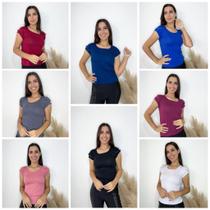 Kit 5 Blusas feminina básica t-shirt detalhe na manga