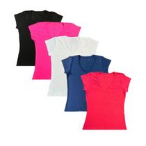 kit 5 blusas feminina plus size camiseta decote v algodão básica verão