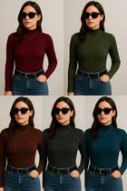 Kit 5 Blusas Femininas Cacharrel Gola Alta Manga Longa Malha Canelada Confortável