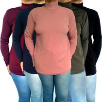 Kit 5 Blusas Femininas Gola Alta Manga Longa Soltinhas Cores Sortidas Malha Crepe Pp ao Plus Size