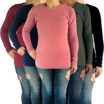 Kit 5 Blusas Femininas Gola Careca Manga Longa Justas Cores Sortidas Malha Crepe Pp ao Plus Size
