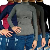 Kit 5 Blusinhas Femininas Gola Alta Manga Longa Justas Cores Sortidas Suplex Pp ao Plus Size