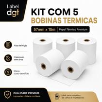 Kit 5 Bobinas Térmicas 57x15m Brancas para Máquina de Cartão Kit 5 Bobinas Térmicas 57x15m Brancas para Máquina de Cartão