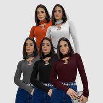 Kit 5 Body Blusa Canelada Manga Longa Gola Choker Moda Gringa Social Top
