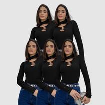 Kit 5 Body Blusa Canelada Manga Longa Gola Choker Moda Gringa Social Top Kit 5 Body Blusa Canelada Manga Longa Gola Choker Moda Gringa Social Top