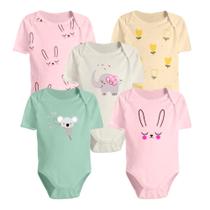 Kit 5 Bodys Estampado Roupa Bebê Manga Curta Menino e Menina Kit 5 Bodys Estampado Roupa Bebê Manga Curta Menino e Menina