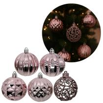 Kit 5 Bolas Natal Luxo Rosê Gold Textura Metalizada e Arabesco Glitter Vazado 6cm