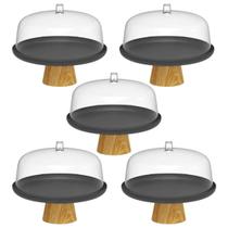 Kit 5 Boleiras com Tampa 25cm Pé Bambu Prato para Bolo Torta Doces Padaria Ou Lume Preto