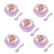 Kit 5 Bowl Com Tampa e Colher Plástica Lilas My Little Pony 500ml Livre de BPA Plasvale